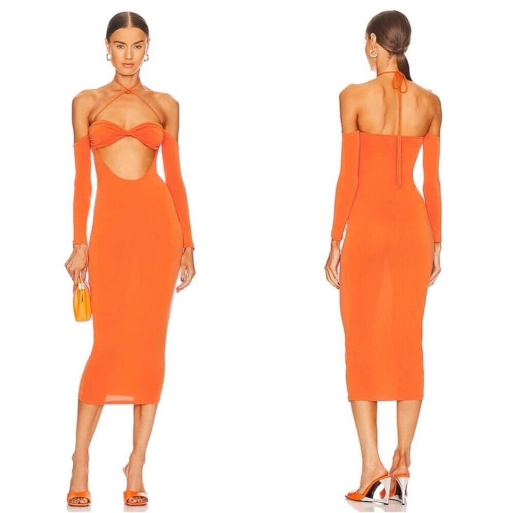 Camila Coelho Sunset Orange Harmony Cutout Long Sleeve Halter Midi Dress Small